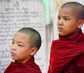 Close up of two serious young Buddhist novices in maroon robes,Myanmar