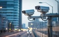 Close up of two surveillance cameras monitoring traffic on busy city street. Generative AI illustration Royalty Free Stock Photo
