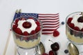 Two Glass Cups of Tapioca Parfait with Raspberry, Blueberry with whipped cream and a Cherry on Top.