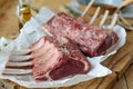 Close up on two trimmed seasoned racks of lamb Royalty Free Stock Photo