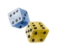 Close-up of two yellow and blue Watercolor dice against white background