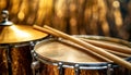 Two Wooden Drumsticks on a Snare Drum and Golden Cymbal - Generative Ai