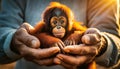 Two Wrinkled Hands Holding a Baby Orangutan - Generative Ai