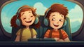 Close up of two young children listening to music via headphones while traveling on vacation Royalty Free Stock Photo