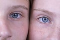 Close up two young girl eyes, they are looking at the camera, couple portrait children, macro