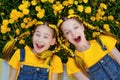 Close-up of two young girls playing in a field of dandelions on a bright sunny day. Two sisters are lying on the grass in yellow Royalty Free Stock Photo