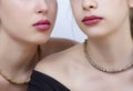 Close up of two young women lips