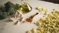 Close-up of typical Italian Apulian fresh pasta orecchiette on a table with broccoli, garlic, oil and chilli powder Royalty Free Stock Photo