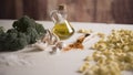 Close-up of typical Italian Apulian fresh pasta orecchiette on a table with broccoli, garlic, oil and chilli powder Royalty Free Stock Photo