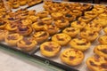 Close up of typical portuguese cream cakes lined up at the exhibitor in Lisbon Pasteis de nata