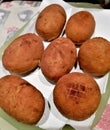 Close-up of typical Sicilian food product called `arancina` or `arancino` homemade