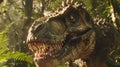 Close up of a tyrannosaurus rex in a lush prehistoric jungle with intricate scale details
