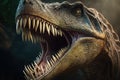 close-up of tyrannosaurus rex& x27;s teeth and jaws, showcasing its ferocious bite