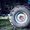 Close-up of tyre of big farming machine