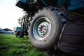 Close-up of tyre of big farming machine