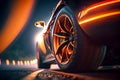 Close up on tyre of a sport car parking by night in a city, generative ai illustration