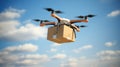 CLOSE UP: UAV drone delivery delivering big brown post package into urban city