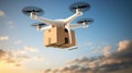 CLOSE UP: UAV drone delivery delivering big brown post package into urban city