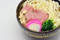 Close up udon noodle broth