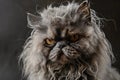 Close up of ugly angry looking Persian cat on dark background