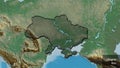 Ukraine border shape overlay. Bevelled. Relief. Labels Royalty Free Stock Photo