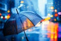 A close up of an umbrella in the rain on a city street, AI Royalty Free Stock Photo