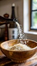 Close up of Uncooked Rice Being Poured Into Wooden Bowl From Bottle on Kitchen Countertop