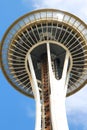 Close up of the underside of the elevator shaft and saucer of the Space Needle in Seattle, Washington