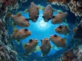 Close-up underwater shot of a group of pufferfish in circular formation, under bright sunlight, against a deep blue backdrop with Royalty Free Stock Photo