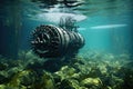 close-up of underwater turbine in action