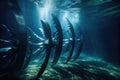 close-up of underwater turbine blades spinning