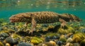 Hellbender salamander gracefully navigates a riverbed environment revealing its mottled pattern in Royalty Free Stock Photo