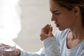 Close up unhealthy woman hold glass still water and pill