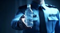 Close-up of a uniformed hand holding a clear water bottle. Concept of clean water access, hydration health, public