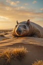 A Curious Desert Creature: Close-Up of a Unique Animal Resting on Sand Dunes at Sunset. Royalty Free Stock Photo