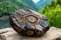 A close-up of a unique, patterned black rock with a natural geometric design, resting on a stone surface Royalty Free Stock Photo