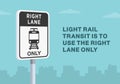 Close-up of United States right lane for LRT only sign. Light rail transit is to use the right lane.