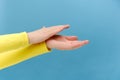 Close up of unknown young caucasian woman applauding, clapping hands congratulating with victory, satisfied with performance, Royalty Free Stock Photo