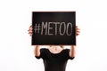 ` METOO` text in woman`s hands. Female empowering movement concept.