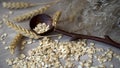 Close-up unprocessed Oat flakes with wooden spoon and different Ears against a plain coarse linen napkin. Concept of