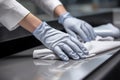 Close up unrecognizable person cleaner hand protection rubber glove wiping shiny surface window antibacterial duster Royalty Free Stock Photo