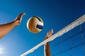 CLOSE UP: Unrecognizable volleyball player spikes the ball past the block Royalty Free Stock Photo