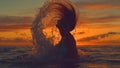 CLOSE UP: Unrecognizable young woman splashes water with her hair at sunset. Royalty Free Stock Photo