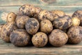 Close-up of unwashed potato tubers on a wooden background.