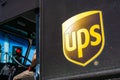 Close up of UPS logo printed on a delivery truck Royalty Free Stock Photo