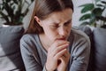 Close up of upset young woman expression face thinking about problem, difficulty, feeling failure and exhausted, suffering from Royalty Free Stock Photo