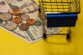 Close-up of US dollars and cents next to a shopping trolley in a supermarket. Concept of shopping, discounts, online shopping,