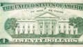 Close-up 20 US dollar banknotes, reverse side twenty dollar banknote depicting white house. Cash exchange currency. Royalty Free Stock Photo