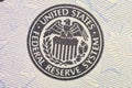 Close up on US dollar banknotes. U.S. Treasury Seal on US Dollar banknotes. Shooting by 1:1 Macro lense. I Royalty Free Stock Photo