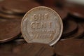 Close up of US one cent coins pile